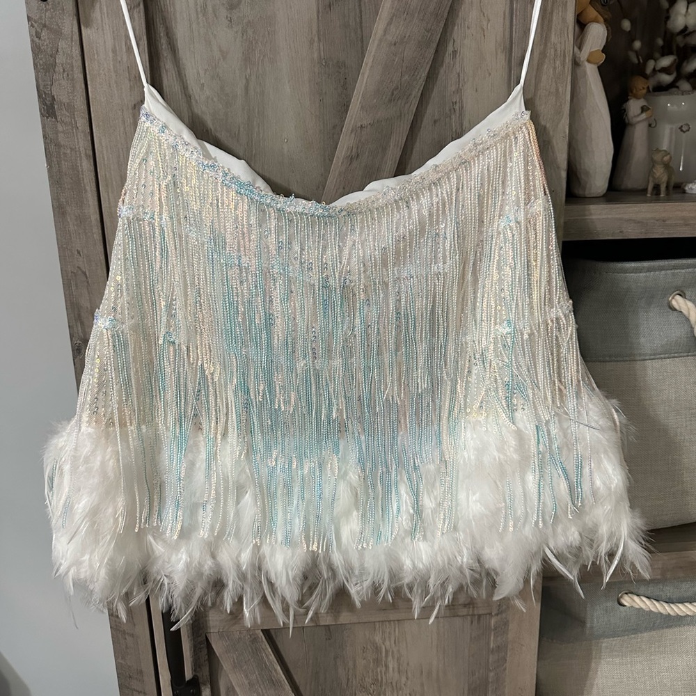 Day + Moon White Iridescent Sequin and Feather Skirt